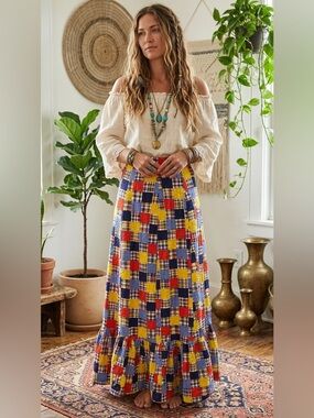 MADRAS PLAID PATCHWORK RUFFLE
COLOURFUL MAXI SKIRT 
SIZE XX-SMALL